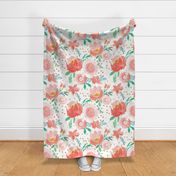 Dreamy Coral Watercolor Florals with Gold Confetti - LARGE scale 