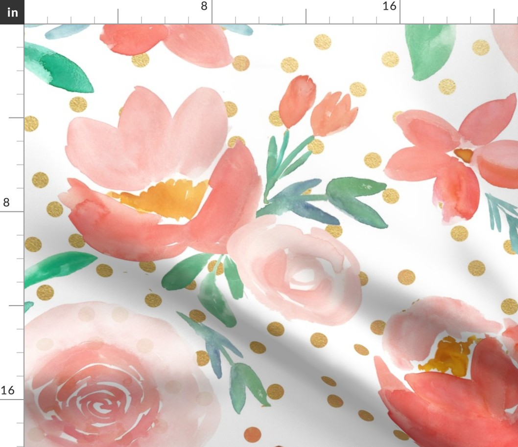 Dreamy Coral Watercolor Florals with Gold Confetti - LARGE scale 