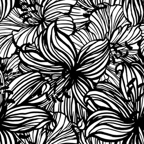 big tropical black and white floral line work