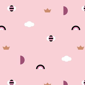 Happy spring day little moon and bee geometric icons abstract rainbow cloud design pink girls gold