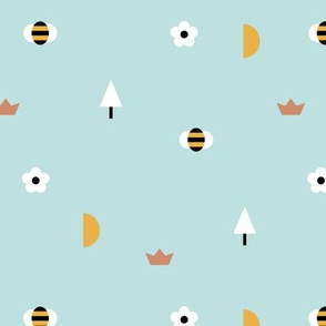 Happy spring day little moon and bee geometric icons abstract daisies and trees design blue boys
