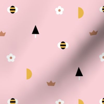 Happy spring day little moon and bee geometric icons abstract daisies and trees design pink girls gold