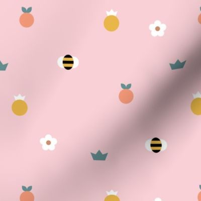 Sweet summer bees and pineapple apples orange garden daisy print pink yellow