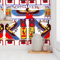 ancient egypt egyptian  Maat goddesses  hieroglyphics wings birds colorful yellow red blue orange feathers Ankh tribal Isis similar sun women female