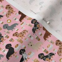 TINY - dachshund coffee fabric, coffees and lattes fabric - pink