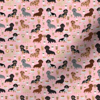 TINY - dachshund coffee fabric, coffees and lattes fabric - pink