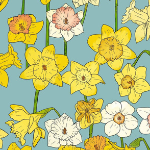 Large Scale Daffodils on Blue