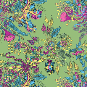 Floral Doodle on Green