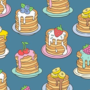 Pancakes & Fruit Food on Dark Blue Navy