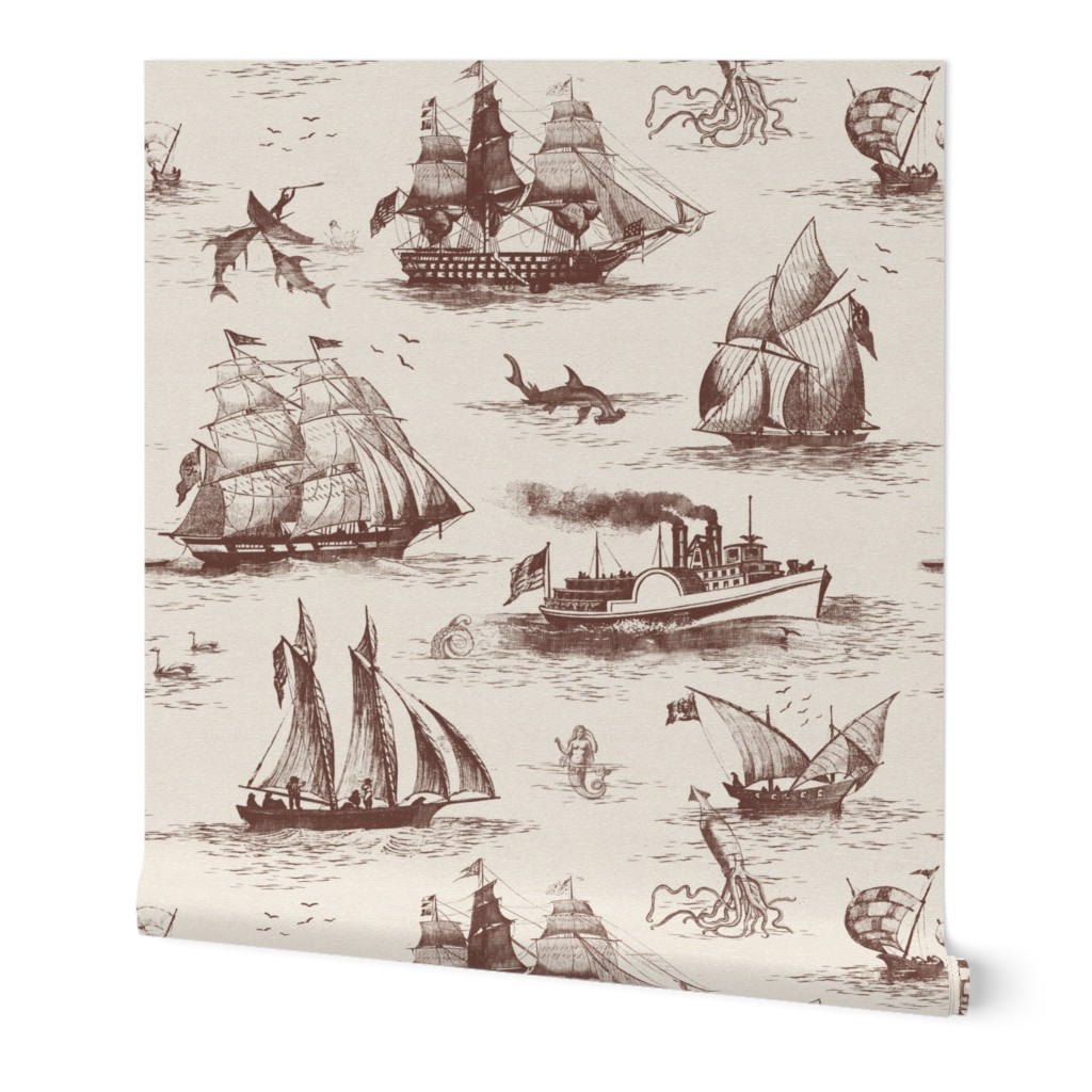 TOILE BATEAUX - BURNT UMBER ON LIGHT WALLPAPER FABRIC TEXTURE