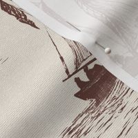 TOILE BATEAUX - BURNT UMBER ON LIGHT WALLPAPER FABRIC TEXTURE