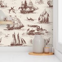 TOILE BATEAUX - BURNT UMBER ON LIGHT WALLPAPER FABRIC TEXTURE