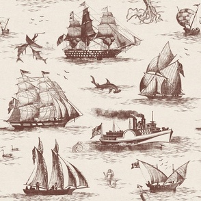 TOILE BATEAUX - BURNT UMBER ON LIGHT WALLPAPER FABRIC TEXTURE