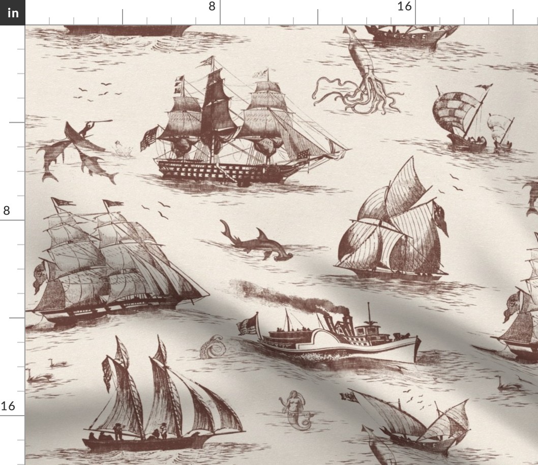 TOILE BATEAUX - BURNT UMBER ON LIGHT WALLPAPER FABRIC TEXTURE