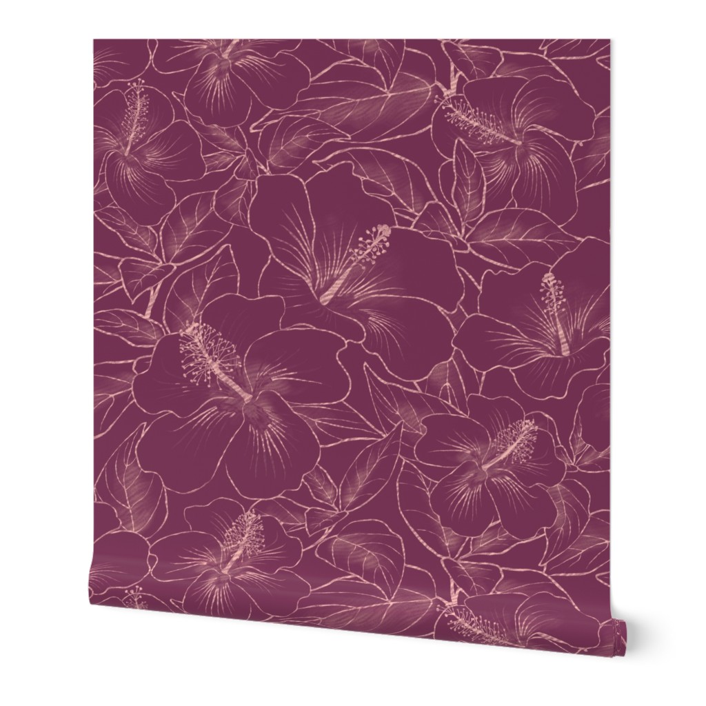 Hibiscus Sketch Dry Rose on Merlot 14inL