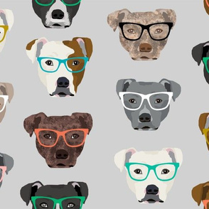 LARGE - pitbull heads glasses fabric - pitbull fabric, dog fabric, pitty fabric, glasses fabric, dog glasses fabric - cute dog - grey