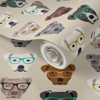 pitbull heads glasses fabric - pitbull fabric, dog fabric, pitty fabric, glasses fabric, dog glasses fabric - cute dog - tan