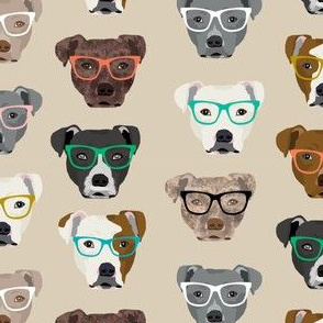 pitbull heads glasses fabric - pitbull fabric, dog fabric, pitty fabric, glasses fabric, dog glasses fabric - cute dog - tan