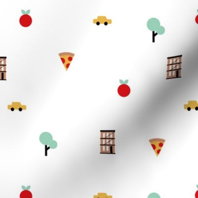 Happy spring day manhattan new york city travel geometric icons taxi big apple and pizza on white