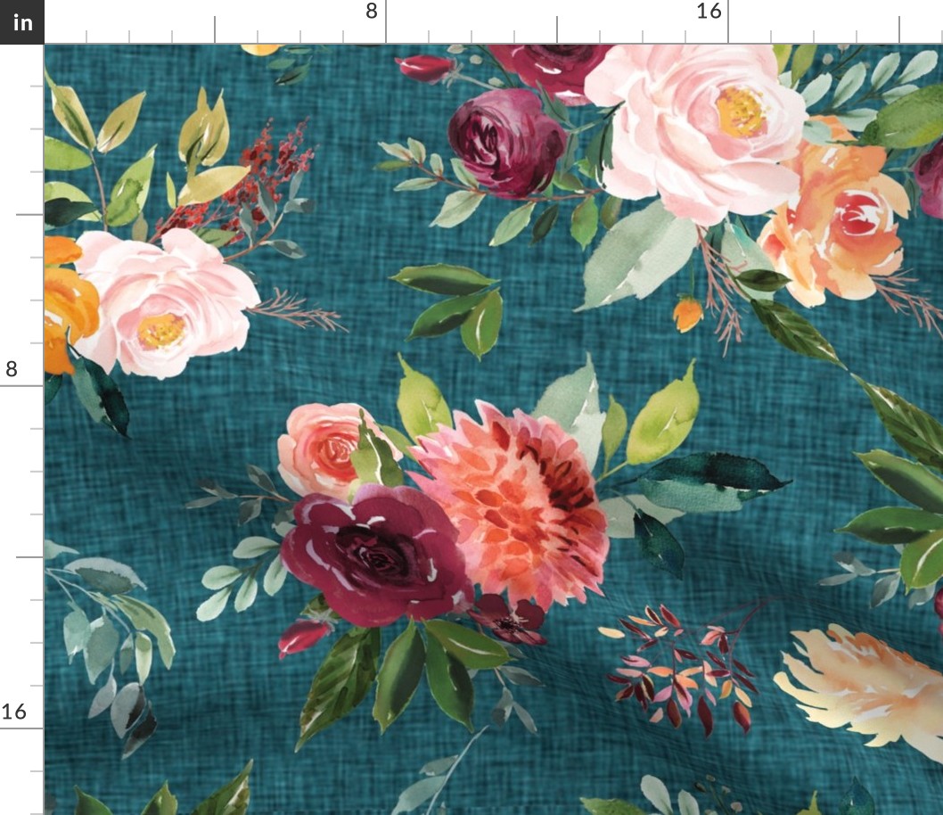 teal linen paprika floral