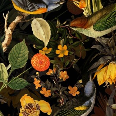 14" Nostalgic Pierre-Joseph Redouté - Antique birds and flowers black,Vintage home decor, antique dark moody floral wallpaper,