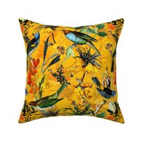 13" Antique birds and Redouté flowers on yellow