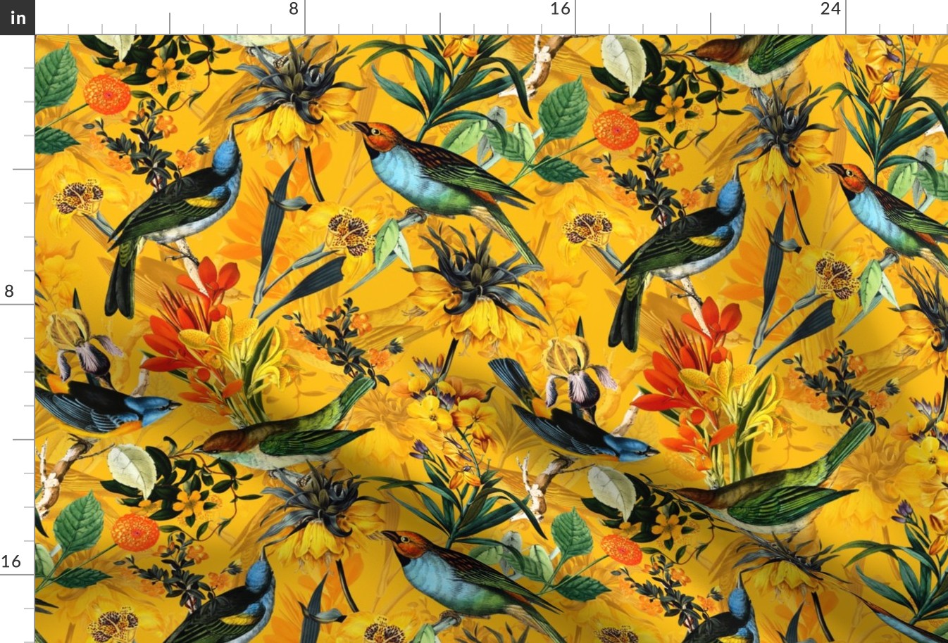 13" Antique birds and Redouté flowers on yellow