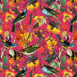 13" Antique birds and Red flowers on yellow, antique bird fabric, birds fabric on red double
