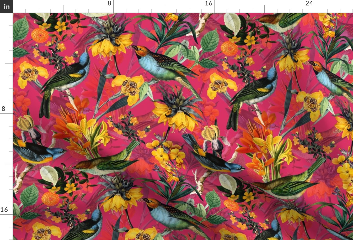 13" Antique birds and Red flowers on yellow, antique bird fabric, birds fabric on red double
