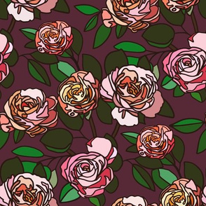 Stained glass roses on maroon - small