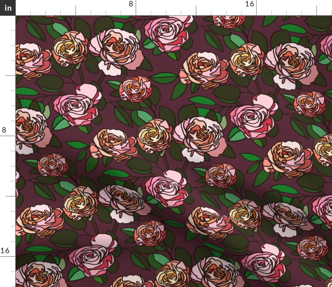 Stained glass roses on maroon - small