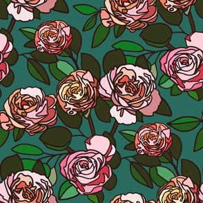 Stained glass roses on teal - small 