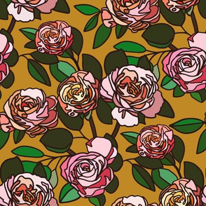 Stained glass roses on mustard - small