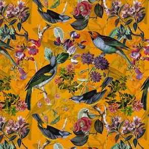 14" Antique birds and red flowers on yellow, antique bird fabric, birds fabric on yellow