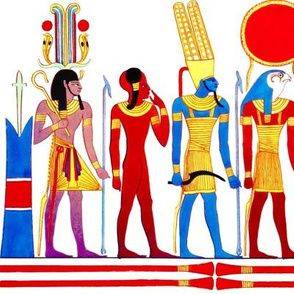 ancient egypt egyptian goddesses gods Mut  Maat Amun Sun Horus falcon Pharaoh king cobra crown ankh Amen Ra colorful red black blue brown yellow feathers birds  crook