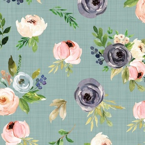 blush watercolor floral on blue linen