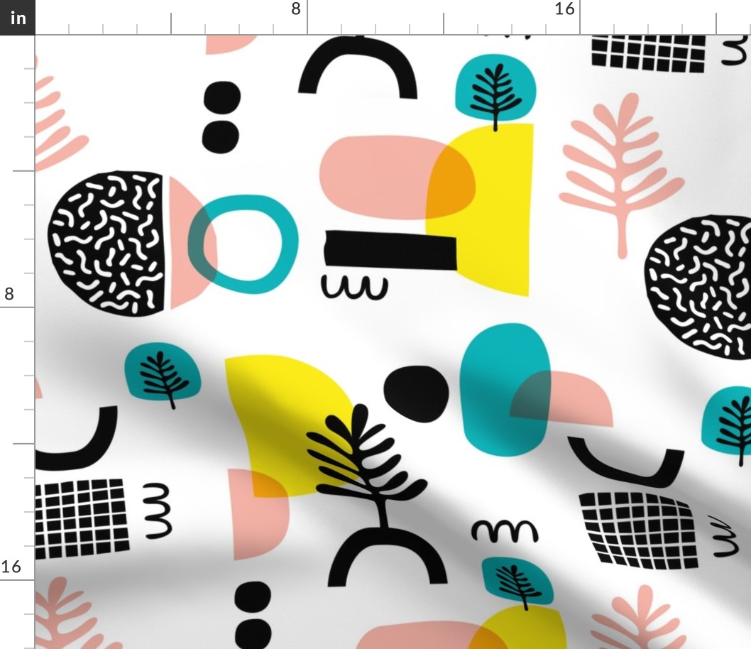 Abstract paper cut style minimal geometric shapes and leaves neutral black white pink yellow spring summer JUMBO