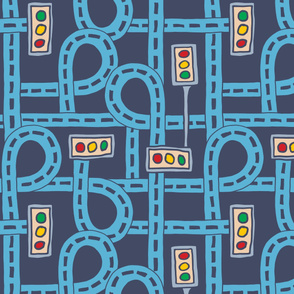 Traffic Jam Kids Children Roads Roadways Traffic Lights Transportation in Blue on Navy - Playmat Layout - UnBlink Studio by Jackie Tahara