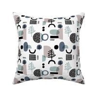 Abstract paper cut style minimal geometric shapes and leaves neutral black white stone gray blue winter