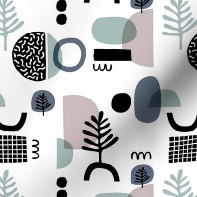 Abstract paper cut style minimal geometric shapes and leaves neutral black white stone gray blue winter