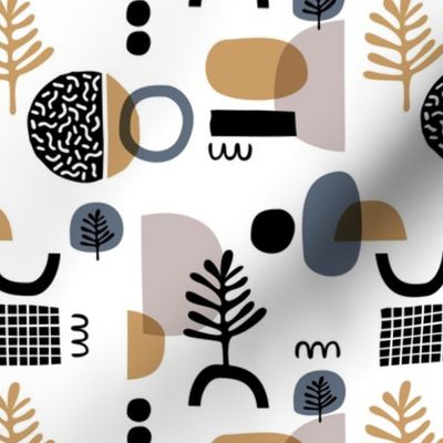 Abstract paper cut style minimal geometric shapes and leaves neutral black white stone gray gold winter