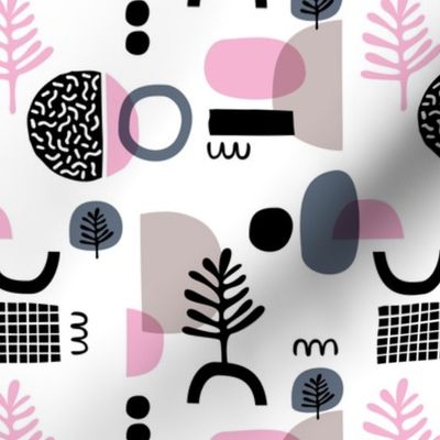 Abstract paper cut style minimal geometric shapes and leaves neutral black white pink spring summer