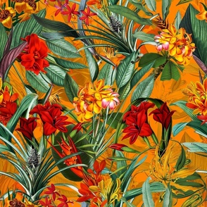 18" Pierre-Joseph Redouté  vintage  Tropical Palm Jungle, Palm fabric,vintage hawaiian fabric double on sunny yellow