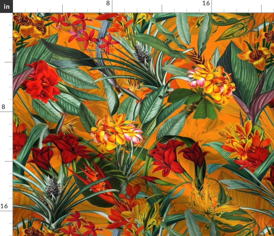 18" Pierre-Joseph Redouté  vintage  Tropical Palm Jungle, Palm fabric,vintage hawaiian fabric double on sunny yellow