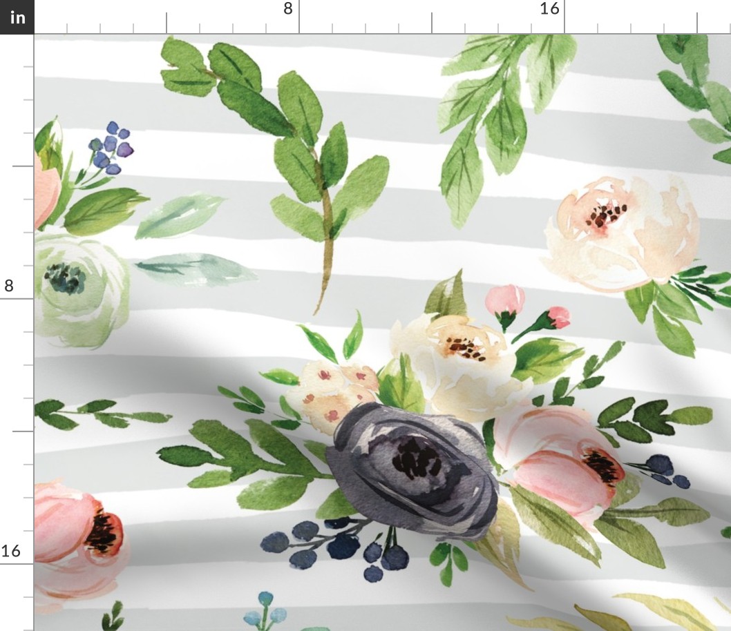 watercolor blush floral on gray stripes