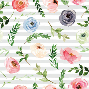 watercolor floral buds on gray stripe