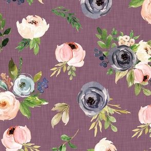 blush watercolor floral on purple linen