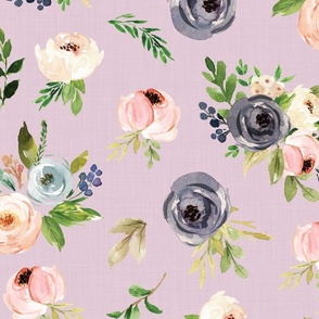 blush watercolor floral on pink linen