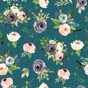 blush watercolor floral on teal linen