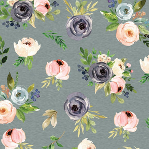 blush watercolor floral on teal green linen